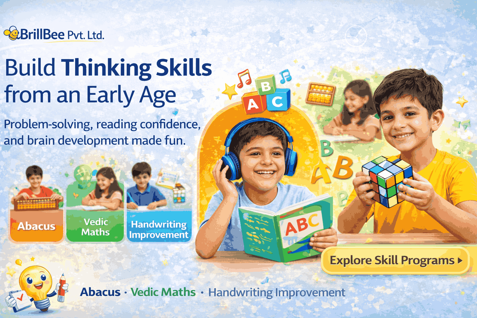 Rubik’s Cube and phonics skill development programs for kids by BrillBee Pvt Ltd with additional learning support